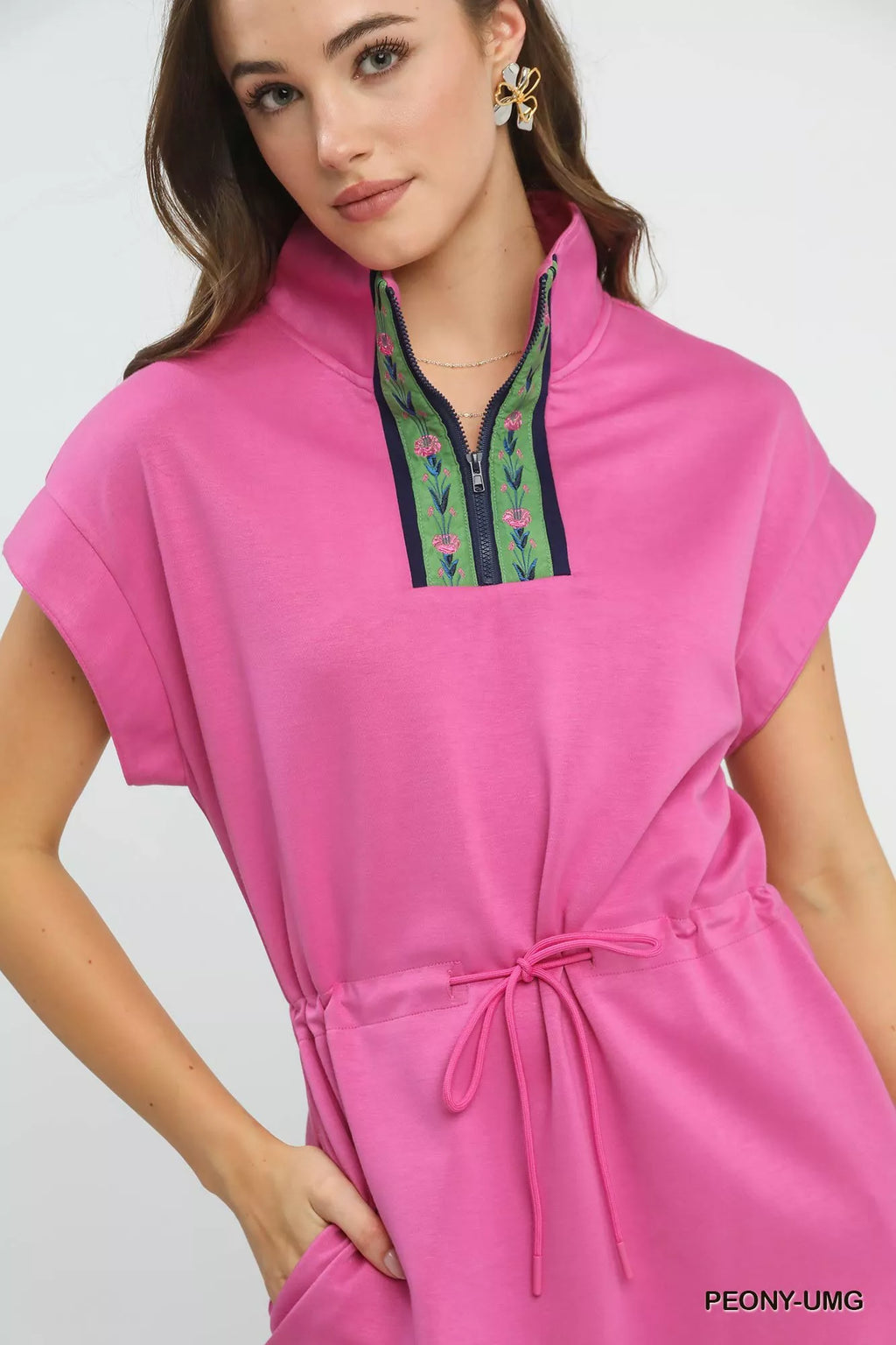 Umgee Dolman sleeve zip detail dress in soft fabric, featuring relaxed fit and stylish design, perfect for casual or semi-formal wear.