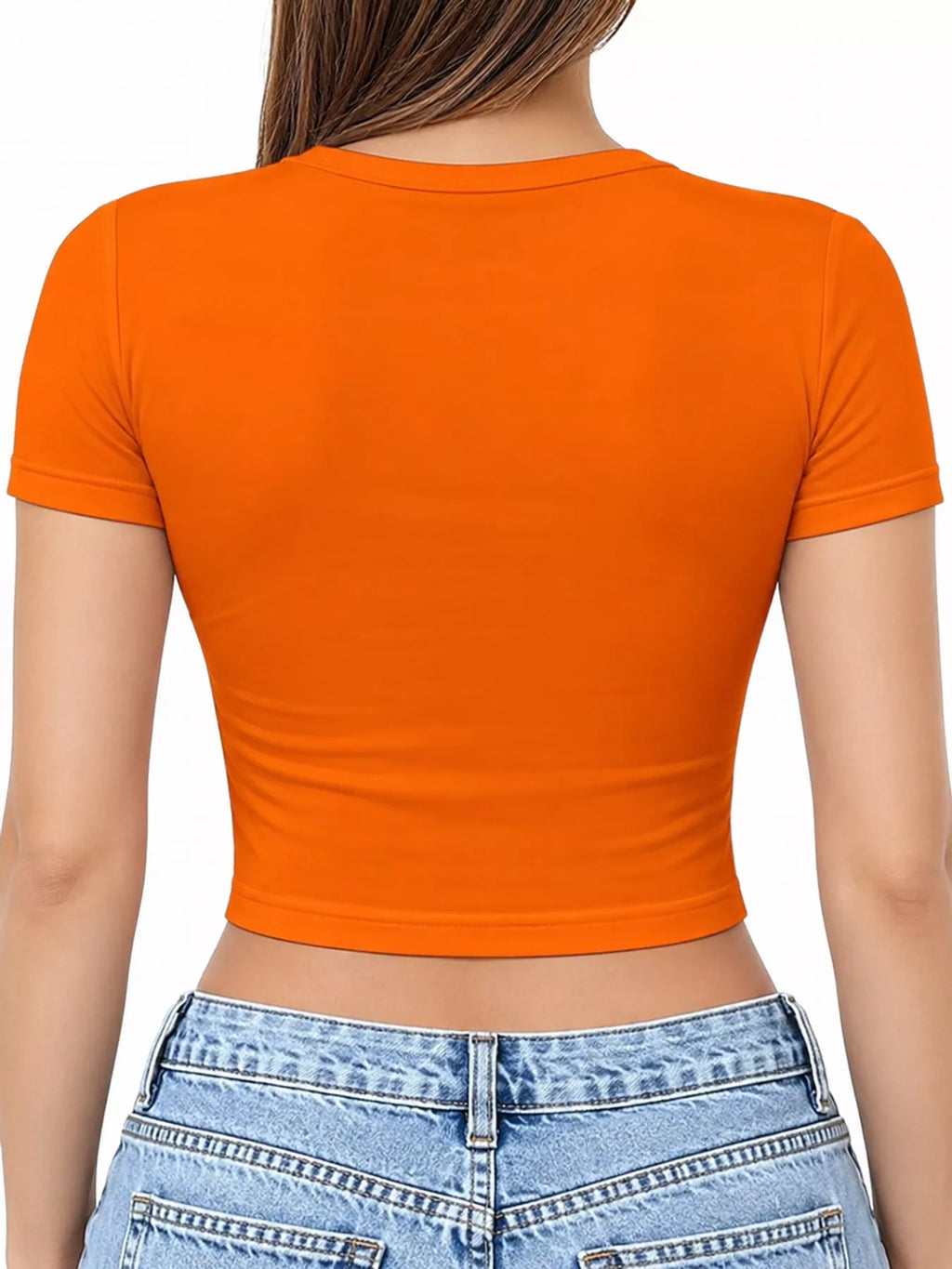 Slim fit basic crew neck short sleeve crop T-shirt by Trendsi, shown in white with a close-up of the fitted design.