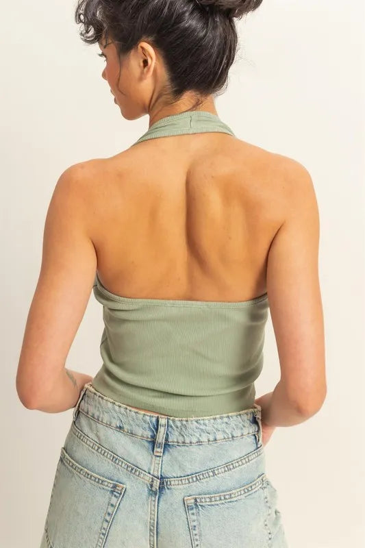 Halter neck buttoned washed top by HYFVE featuring a relaxed fit, front buttons, and soft, washed fabric for casual style.