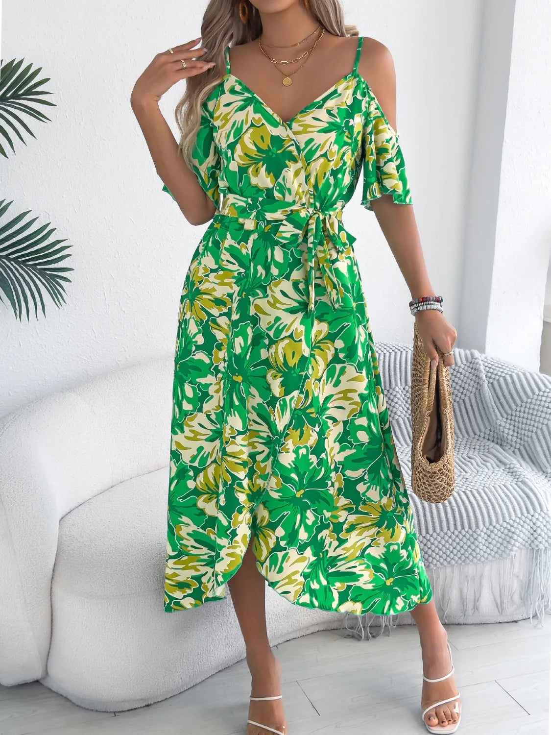 Printed cold shoulder midi cami dress from Trendsi with a flowy silhouette and stylish shoulder cutouts.