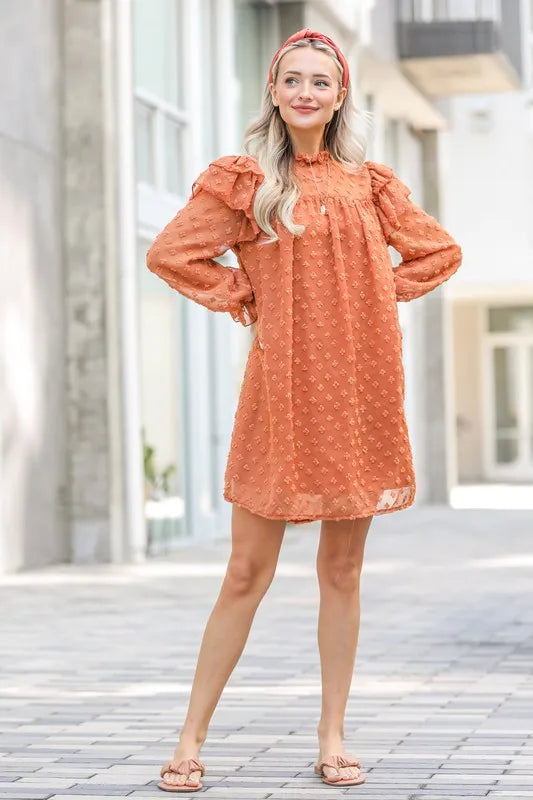 Lovely textured woven dress with ruffle shoulder details from Trendsi, showcased on a model.