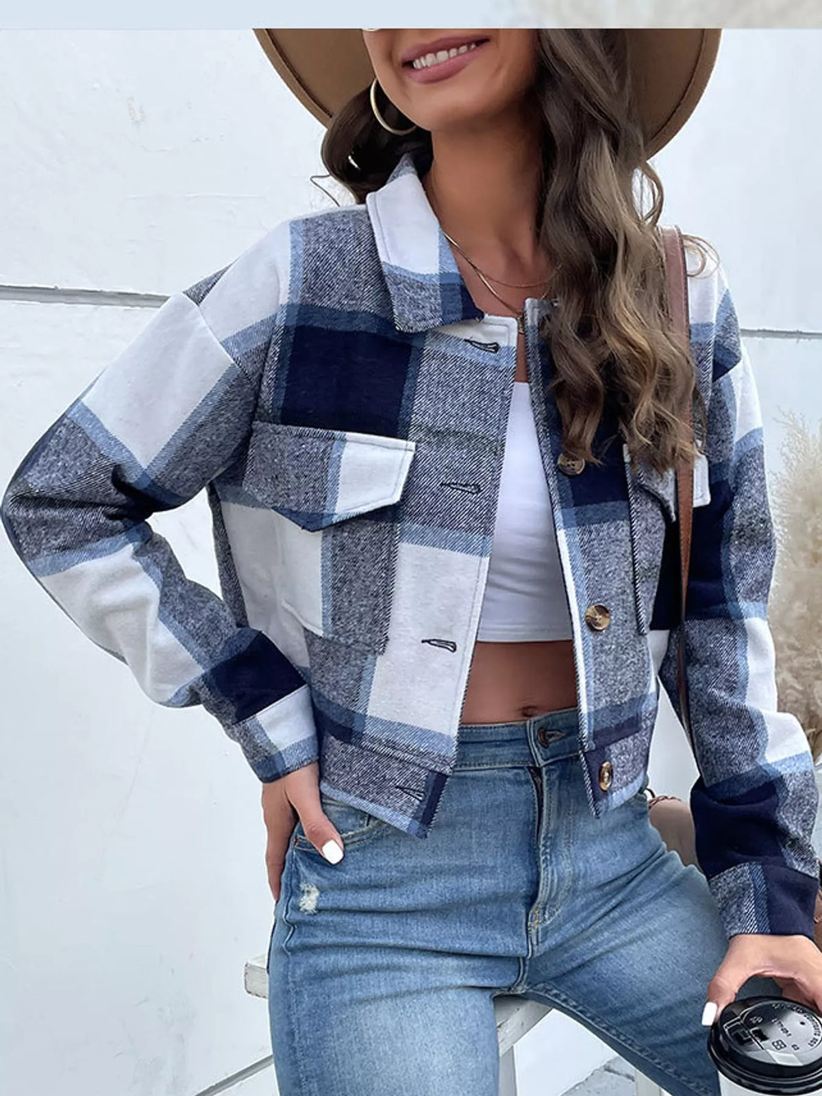 Plaid button-front cropped jacket, view 5