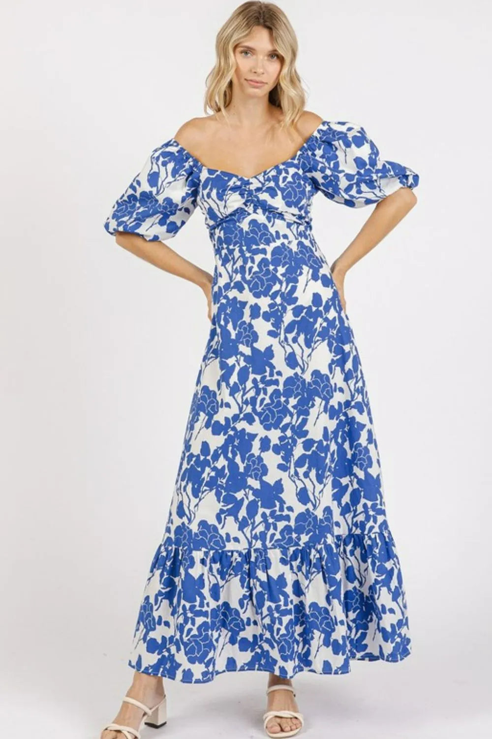 Trendsi Mittoshop floral sweetheart neck puff sleeve dress with cutout back and feminine design, shown on a model.