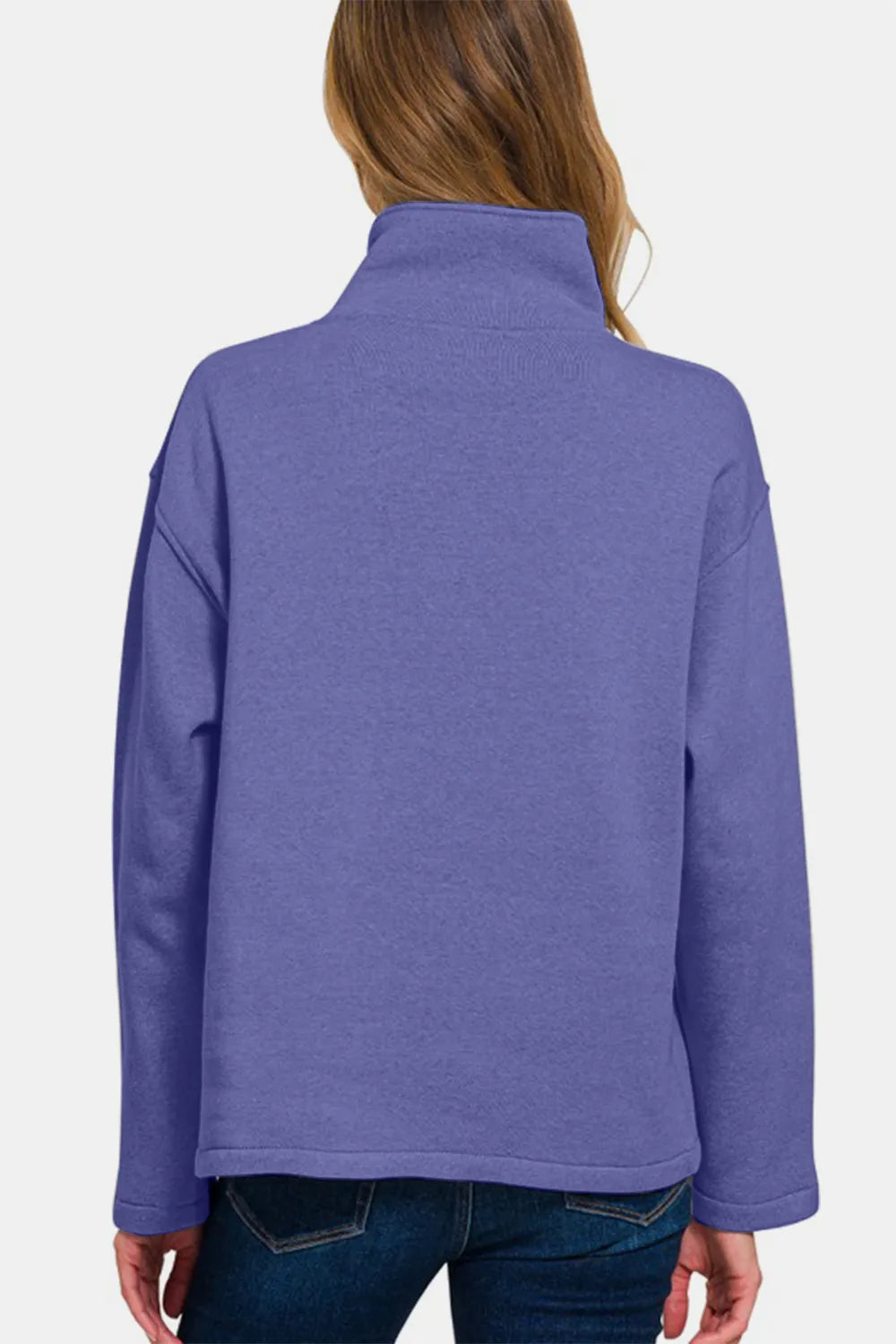 Zenana Turtleneck Half Snap Fleece Sweatshirt, close-up of soft, cozy fleece fabric and half snap front detail.