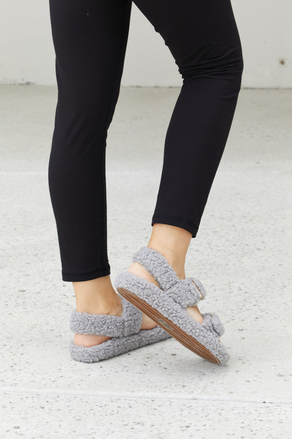 Qupid Cozy Atmosphere grey faux fur buckled sandals, trendy open-toe footwear with buckle detail and plush fur accents.
