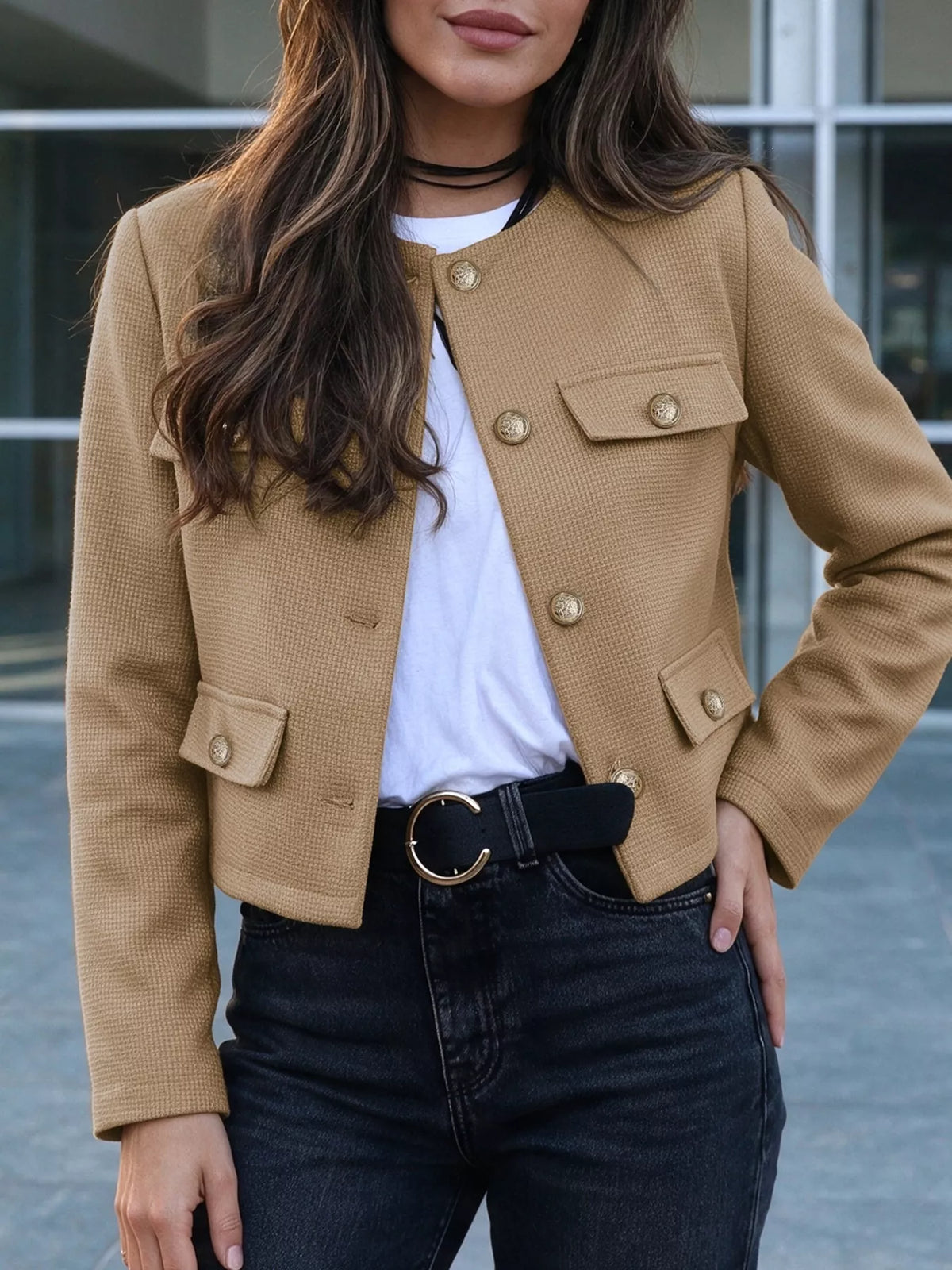 Khaki textured cropped jacket with gold-tone button