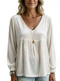 Plus size velvet V-neck long sleeve blouse with lace trim, featuring a full size fit and stylish design from Trendsi.