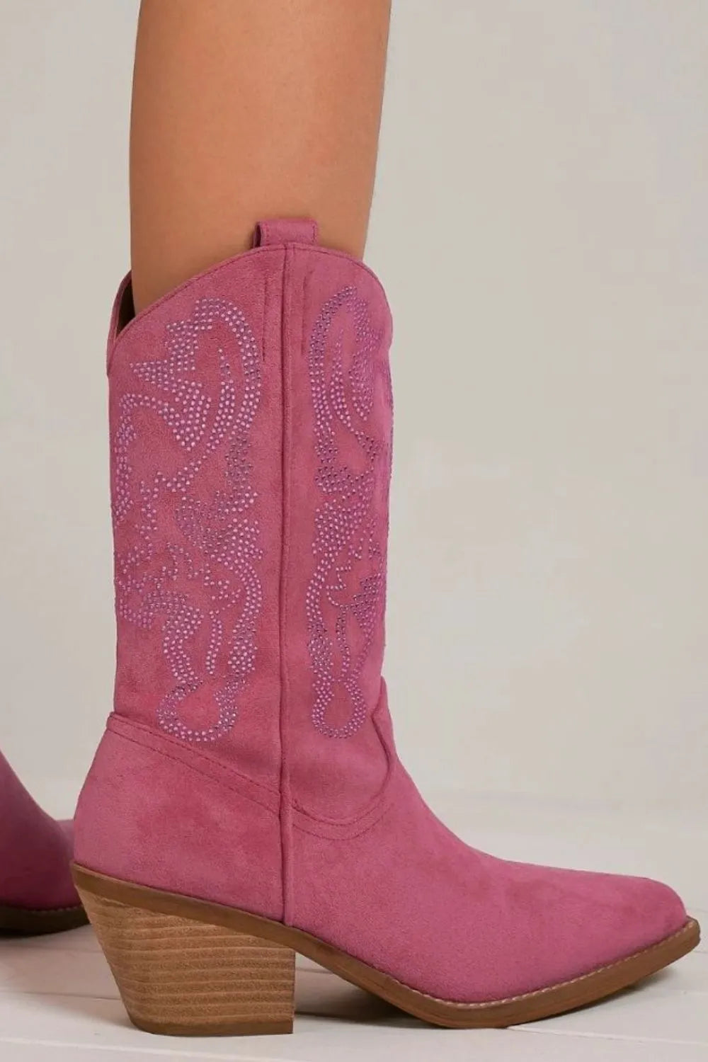 Beast Fashion Rhinestone Detail Point Toe Boots by Trendsi featuring sparkling rhinestones and sleek pointed toe design.