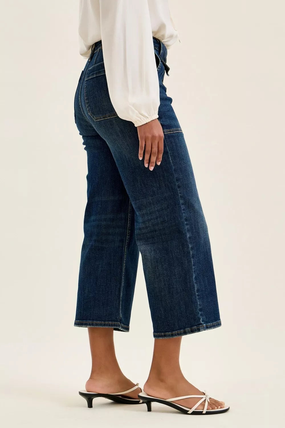 Judy Blue high waist wide crop utility jeans with patch pockets, featuring a trendy denim design and stylish fit.