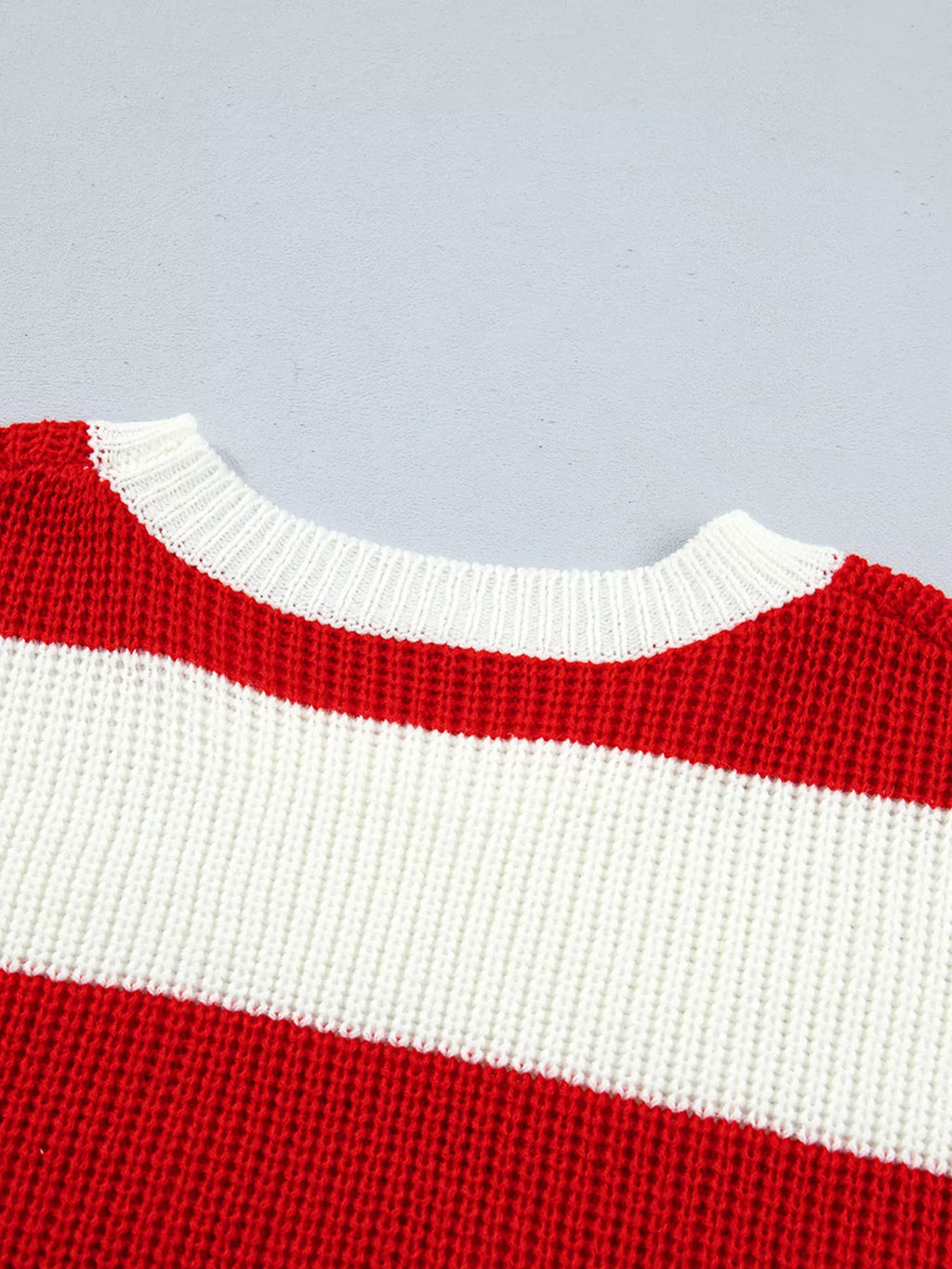 Scarlet striped MERRY Christmas sweater with drop shoulders, view 16