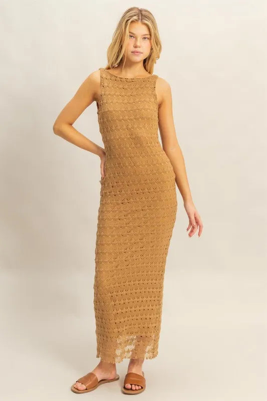 Hyfve sleeveless crochet open back maxi dress with floral pattern, flowing fabric, and stylish design for summer occasions.