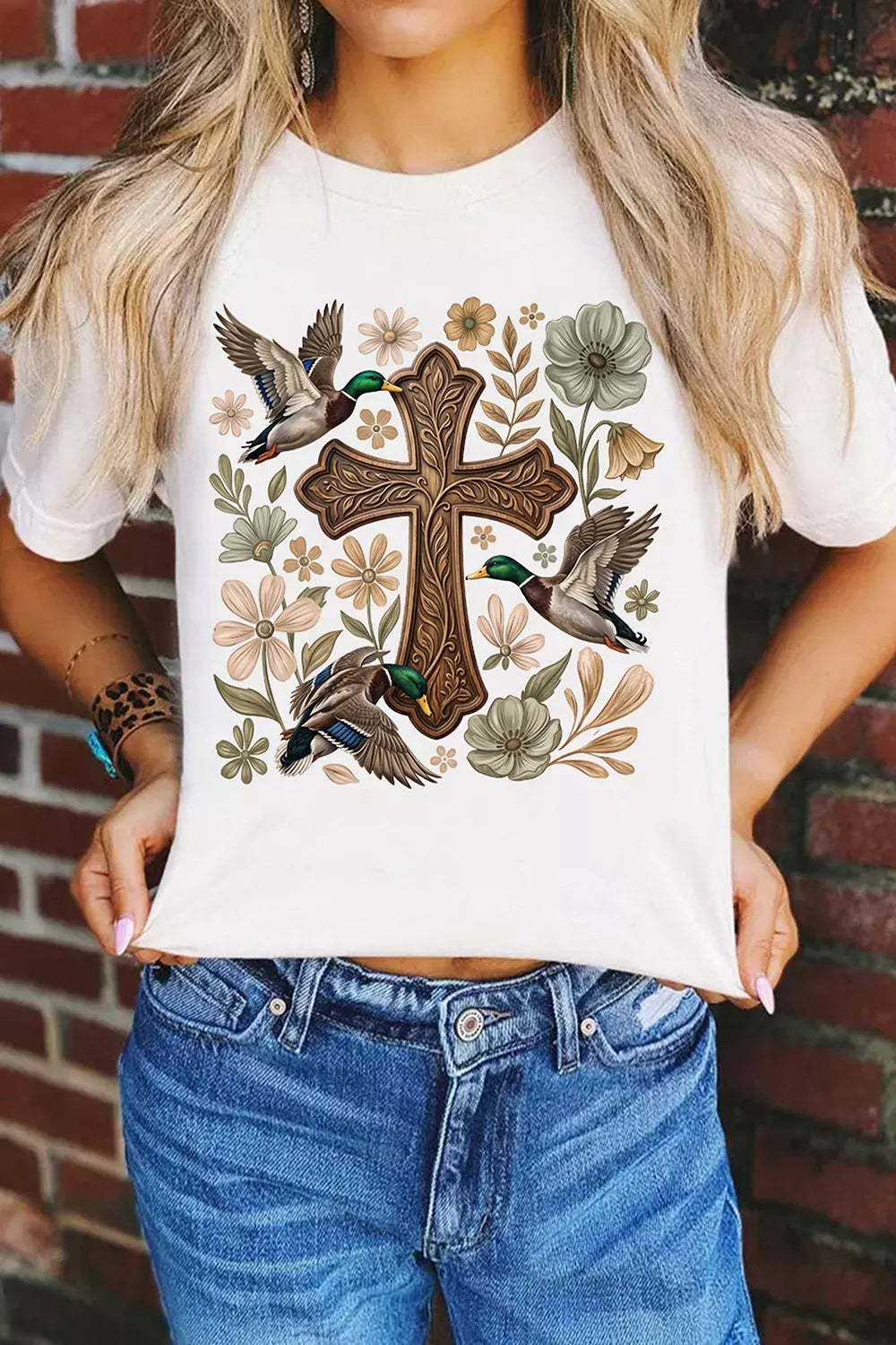 Plus size Trendsi casual T-shirt featuring a full size mallard cross floral graphic design on the front.