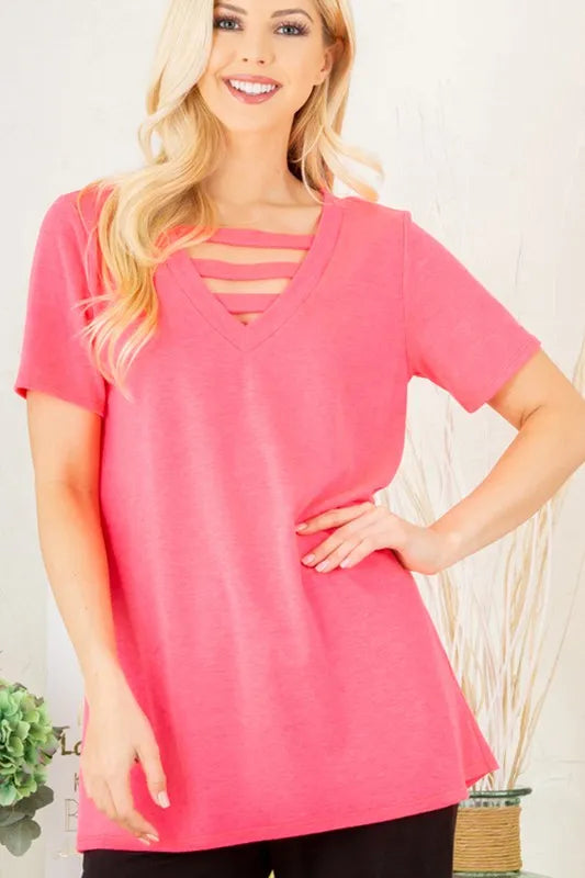 Plus size Heimish V-neck short sleeve T-shirt with bar detail, shown in natural fit and fabric texture, styled with casual accessories.
