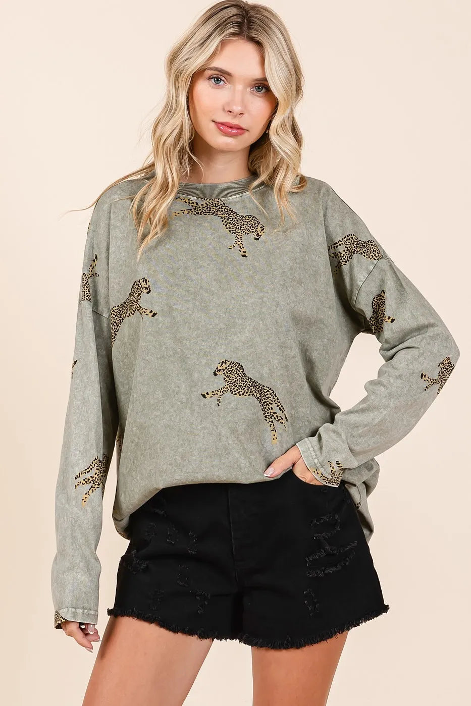 Trendsi Mittoshop mineral wash cheetah print long sleeve top with relaxed fit and stylish animal print design.