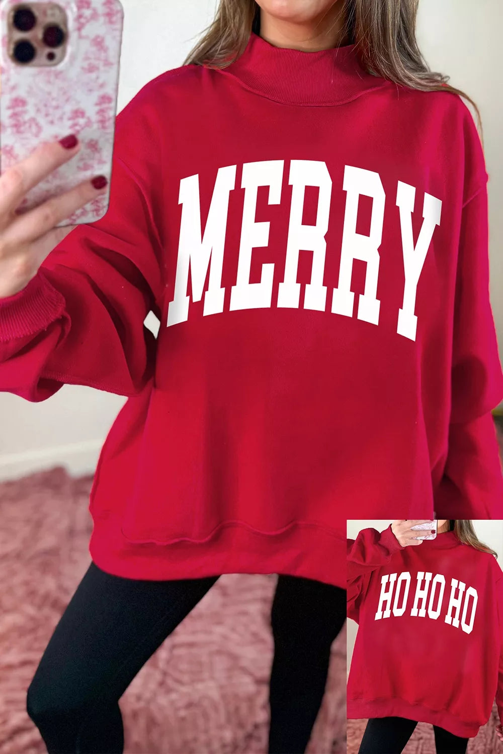 Deep red high neck tunic sweatshirt with MERRY slogan