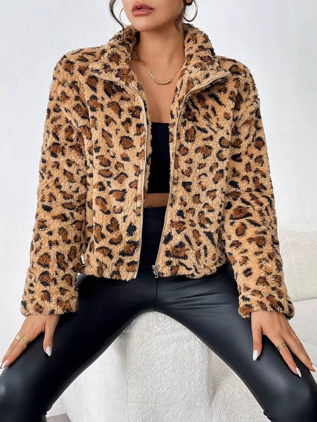 Leopard print fuzzy zip-up jacket