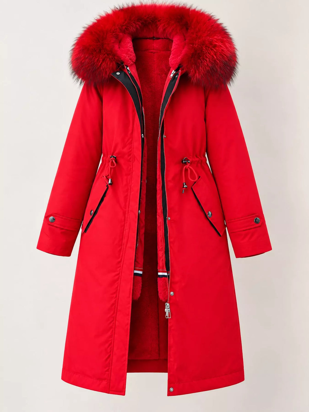 Longline hooded parka with faux fur trim and drawstring waist, view 36