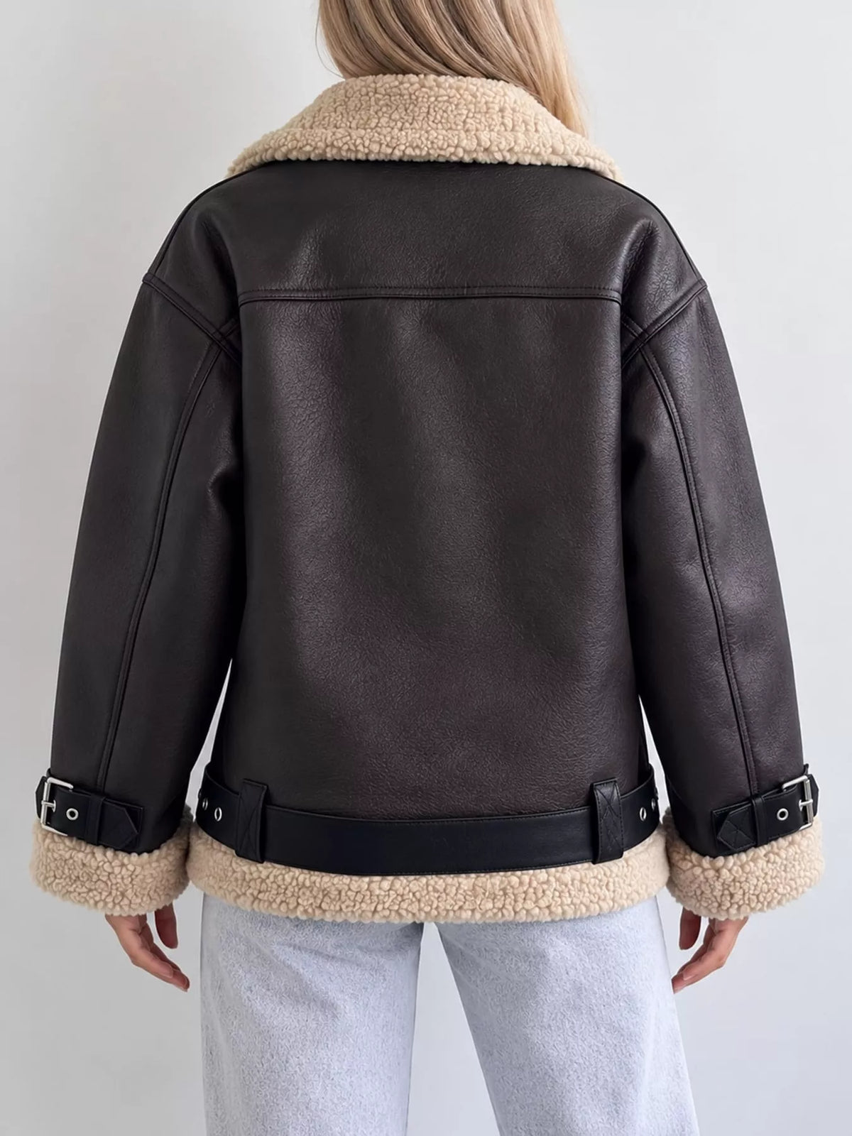 Dark brown faux leather zip-up jacket with belt, view 6
