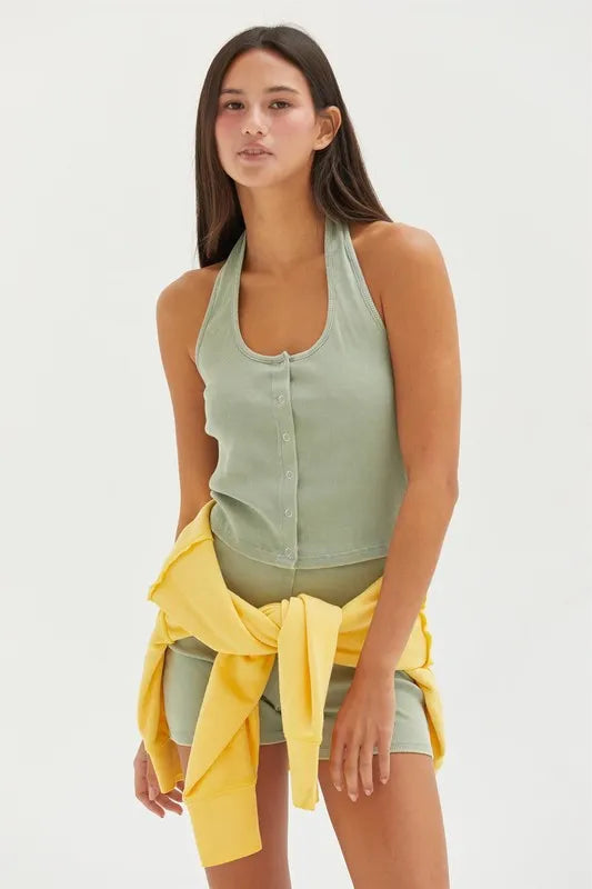 Halter neck buttoned washed top by HYFVE, featuring a relaxed fit and casual style, shown in a washed fabric finish.