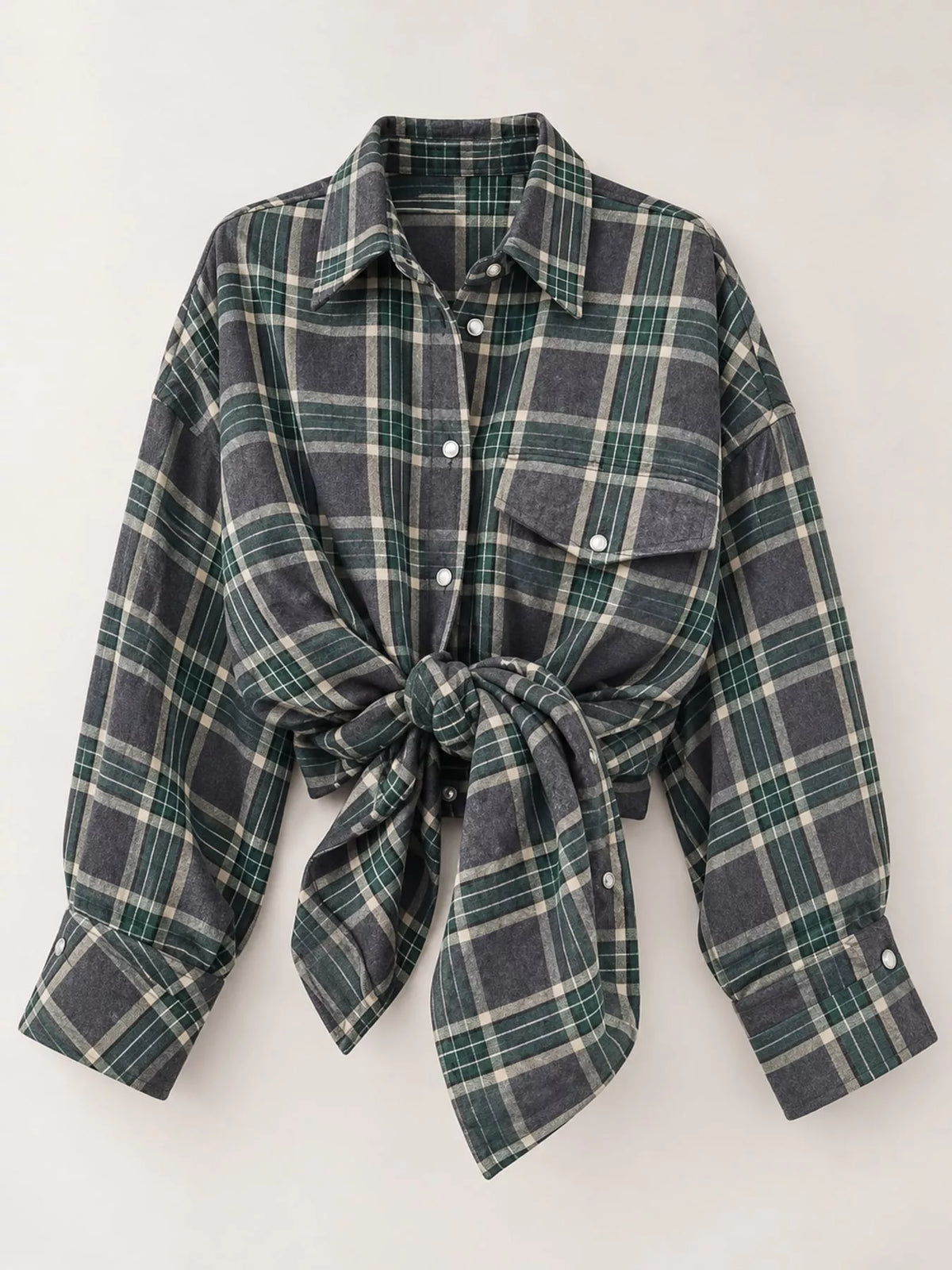 Trendsi plaid button-up shirt with a classic checkered pattern, featuring a collar and long sleeves on a model.