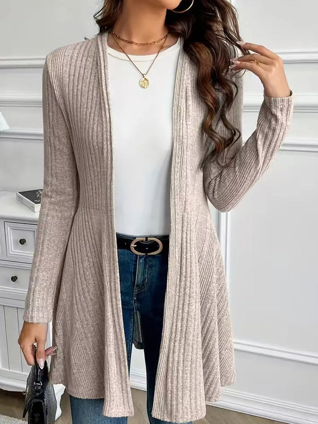 Ribbed knit open front cardigan, view 8