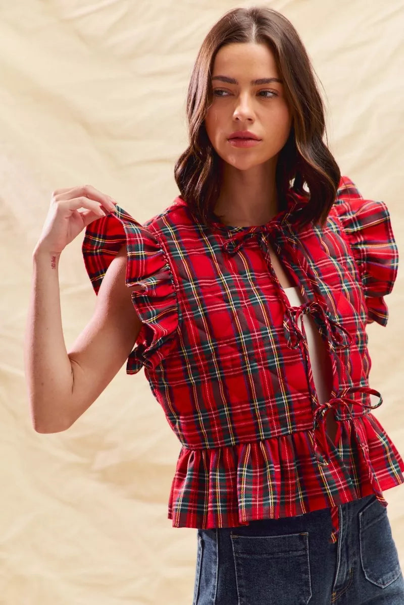 Red plaid ruffled quilted Christmas vest top, view 10