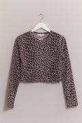 Animal print snap-down crop cardigan by HYFVE, featuring long sleeves and a stylish, trendy design for casual wear.