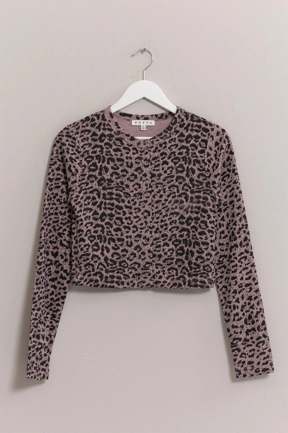 Animal print snap-down crop cardigan by HYFVE, featuring long sleeves and a stylish, trendy design for casual wear.