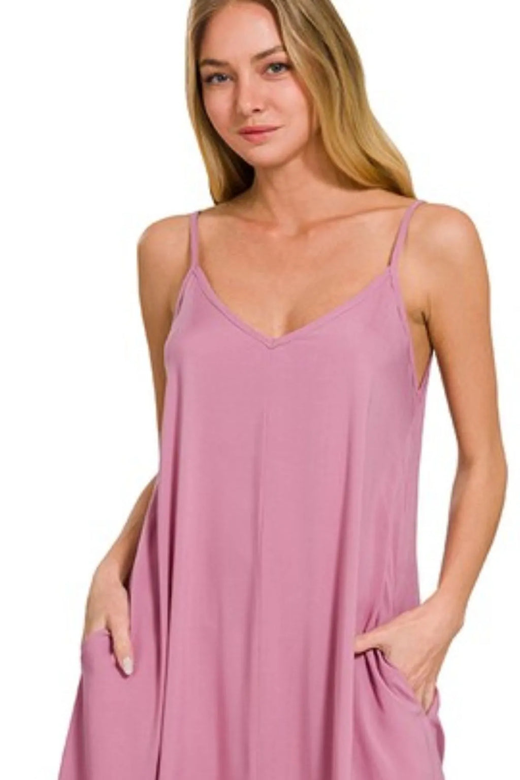 Zenana woven cami dress with arc hem and flowy pockets, styled in a lightweight, comfortable design perfect for casual wear.