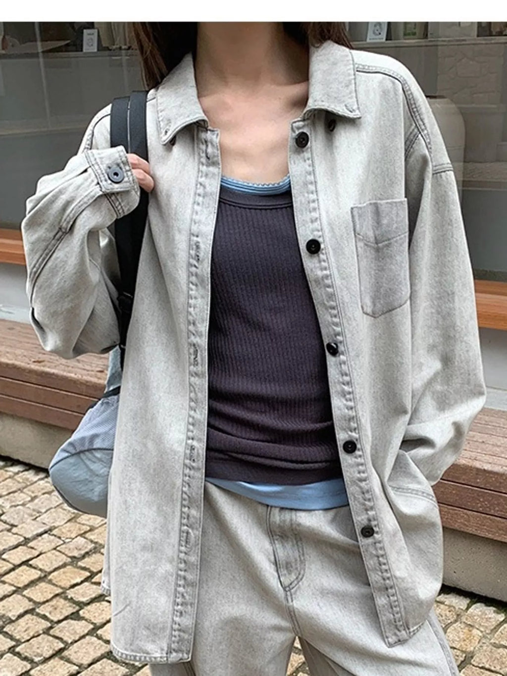 Gray button-down denim shacket