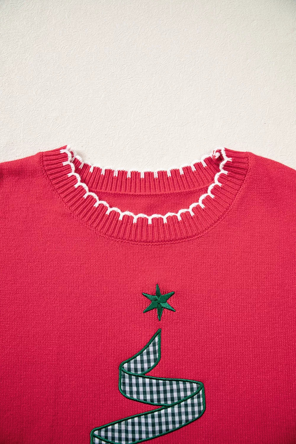 Scarlet holiday sweater with stitched Christmas tree, view 5