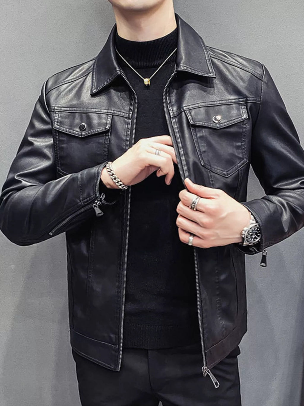 Men's black plus size classic fit faux leather jacket, view 5