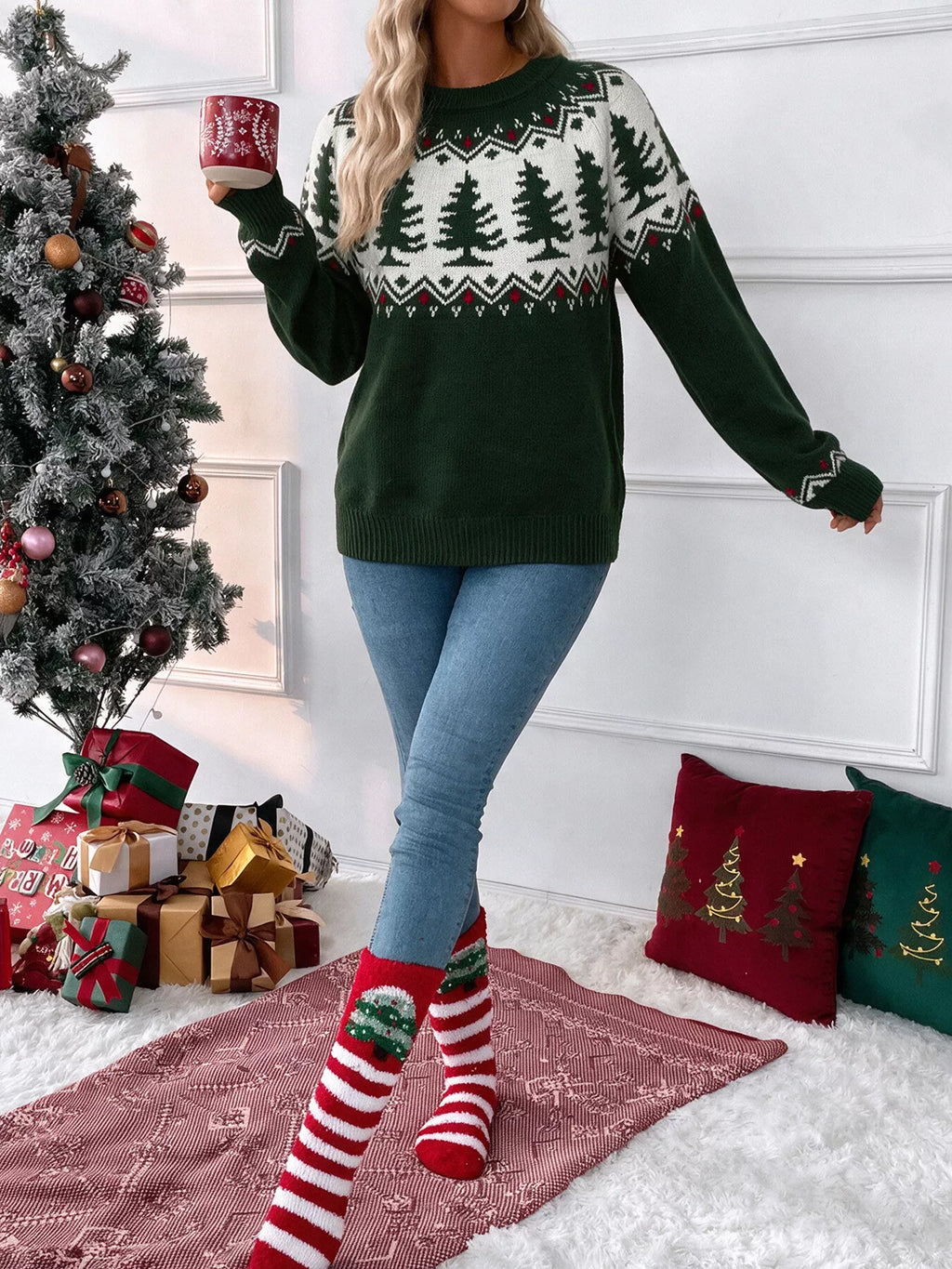 Dark green Christmas tree pattern round neck sweater, view 6