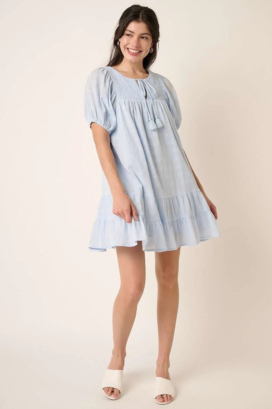 Trendsi Mittoshop tassel tie plaid gauze mini dress with short sleeves, featuring a stylish design and lightweight fabric.