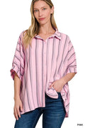 Zenana woven yarn-dye stripe oversized button-down shirt with relaxed fit and classic collar, featuring vertical stripe pattern.