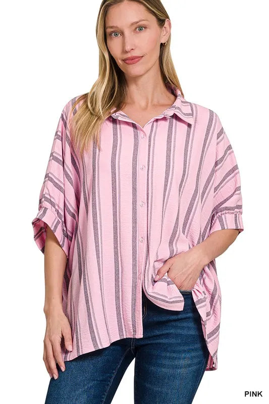 Zenana woven yarn-dye stripe oversized button-down shirt with relaxed fit and classic collar, featuring vertical stripe pattern.