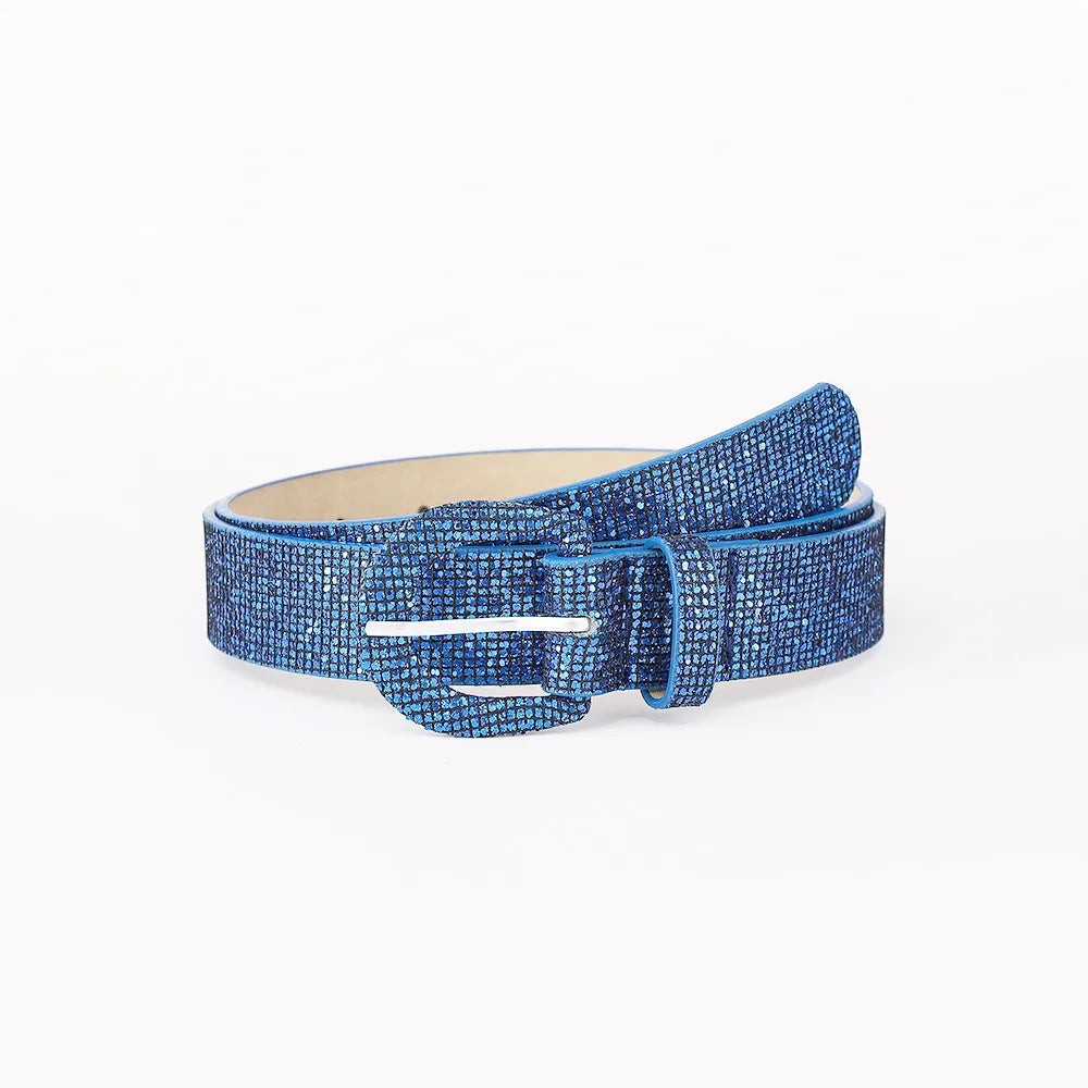 Sequin PU leather belt from Trendsi featuring a shiny, embellished design with a sleek buckle on a neutral background.