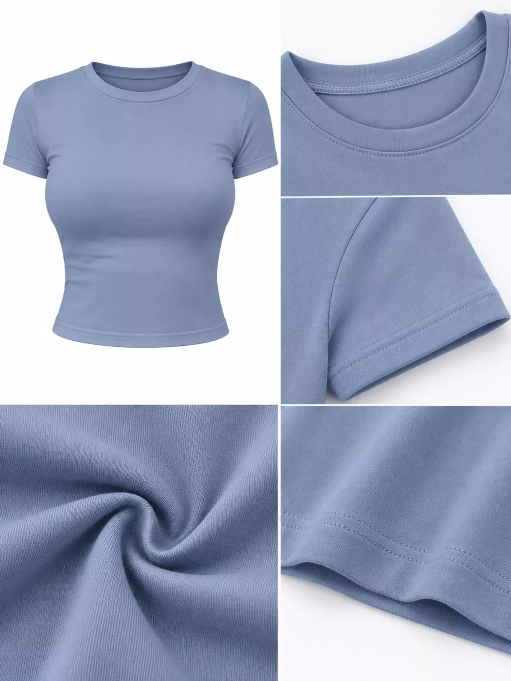 Slim fit basic crew neck short sleeve crop T-shirt by Trendsi, showcasing a clean, fitted design in a neutral color.