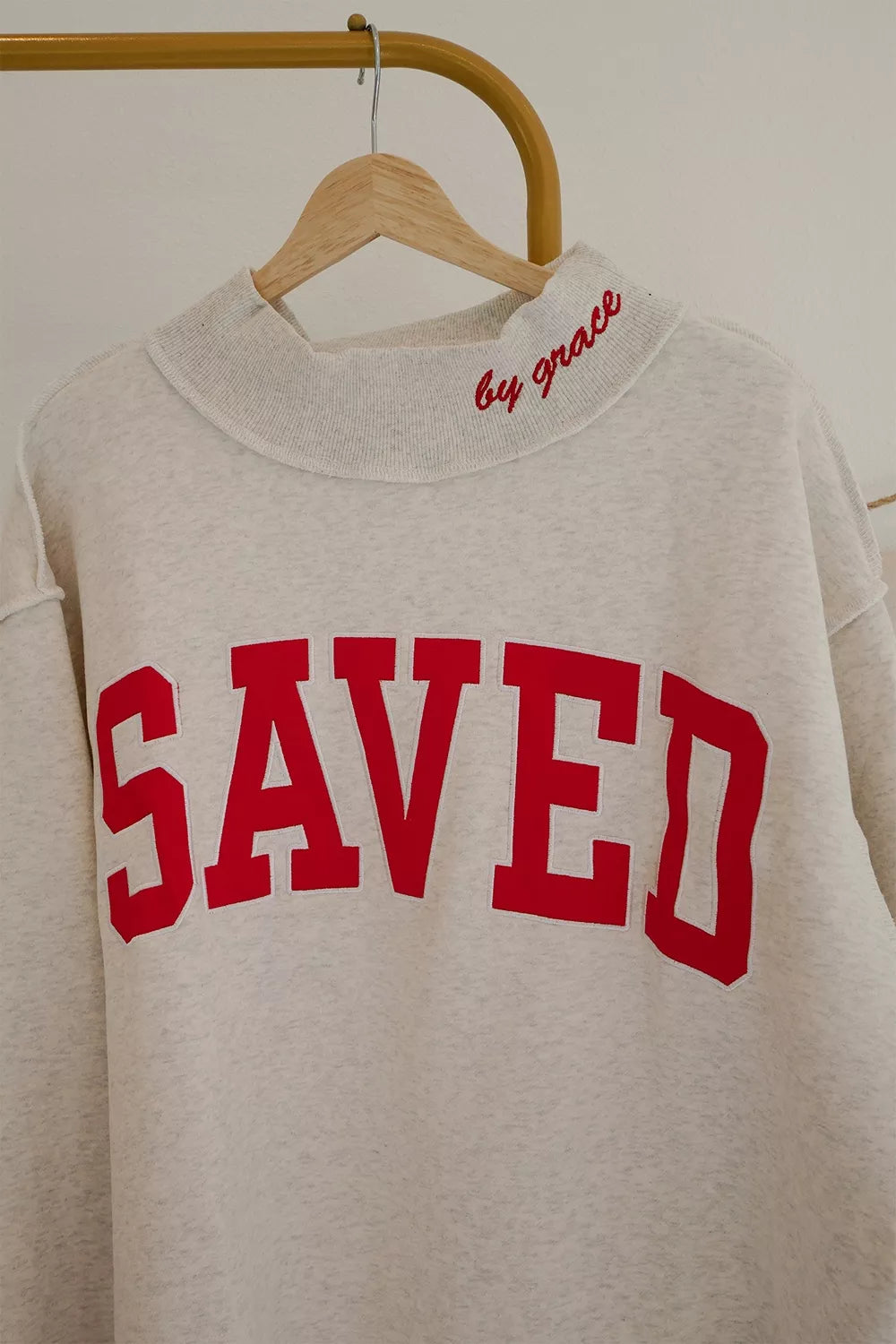 Light gray crewneck sweatshirt with SAVED letter graphic, view 3