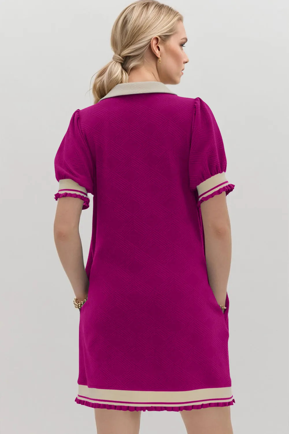 Trendsi Oh Frill contrast trim Johnny collar short sleeve mini dress with ruffled details and a fitted silhouette.