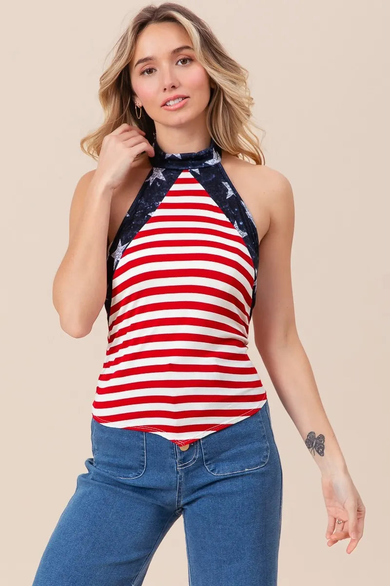 BiBi Stripe Jersey with Star Halter Neck and Tie Back, trendy fashion top featuring bold stripe pattern and star details.