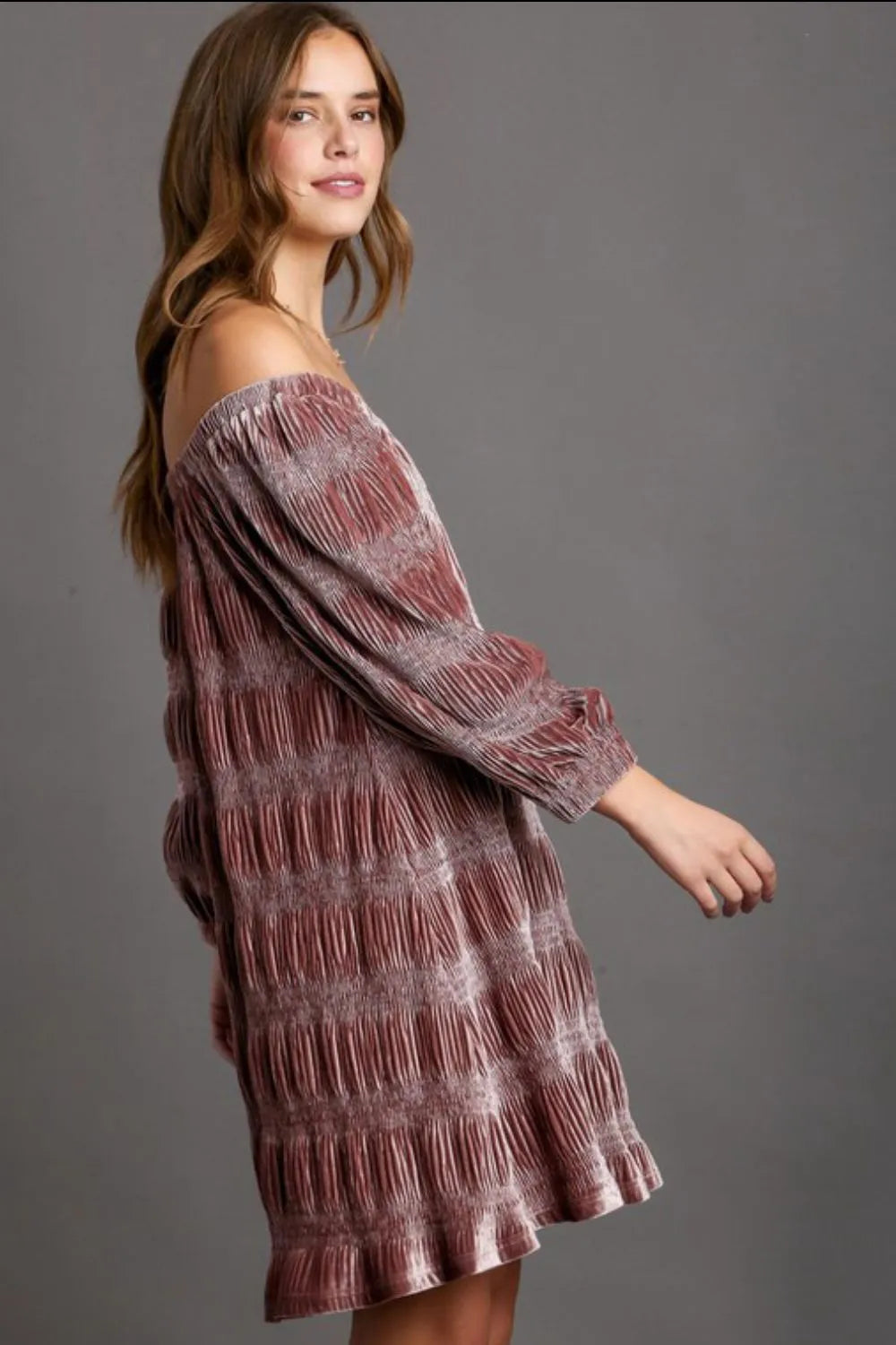 Umgee velvet mini dress with off-shoulder neckline and balloon sleeves, stylish and trendy for casual or dressy occasions.