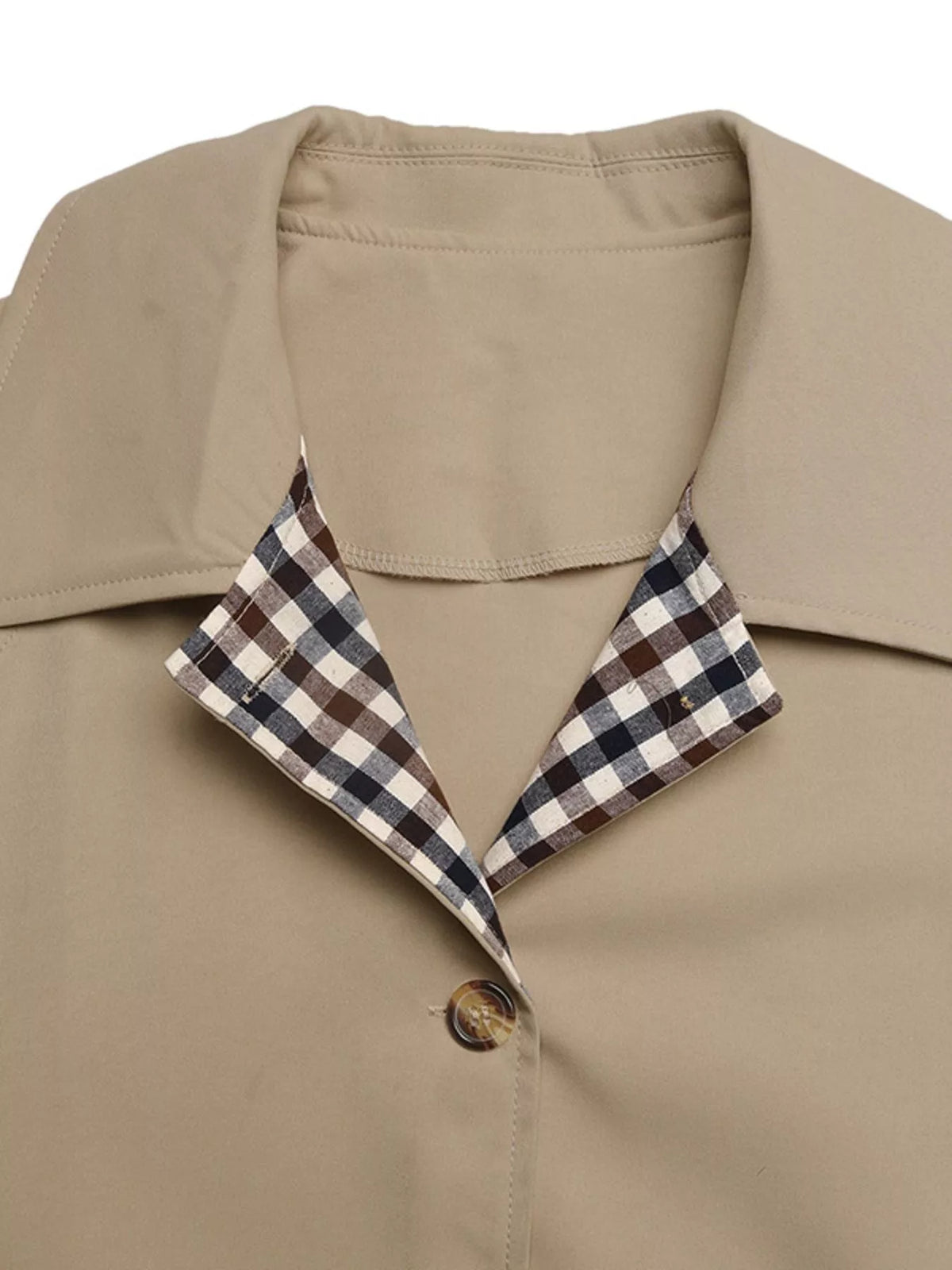 Khaki button-up trench coat with checkered lining, view 7