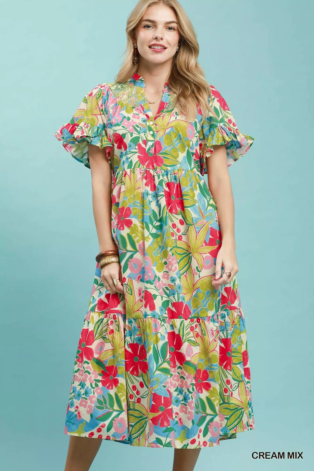 Umgee Tropical Floral Ruffle Sleeve Tiered Midi Dress with vibrant floral pattern and feminine ruffle sleeves, perfect for summer wear.