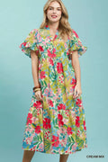 Umgee Tropical Floral Ruffle Sleeve Tiered Midi Dress with vibrant floral pattern and feminine ruffle sleeves, perfect for summer wear.