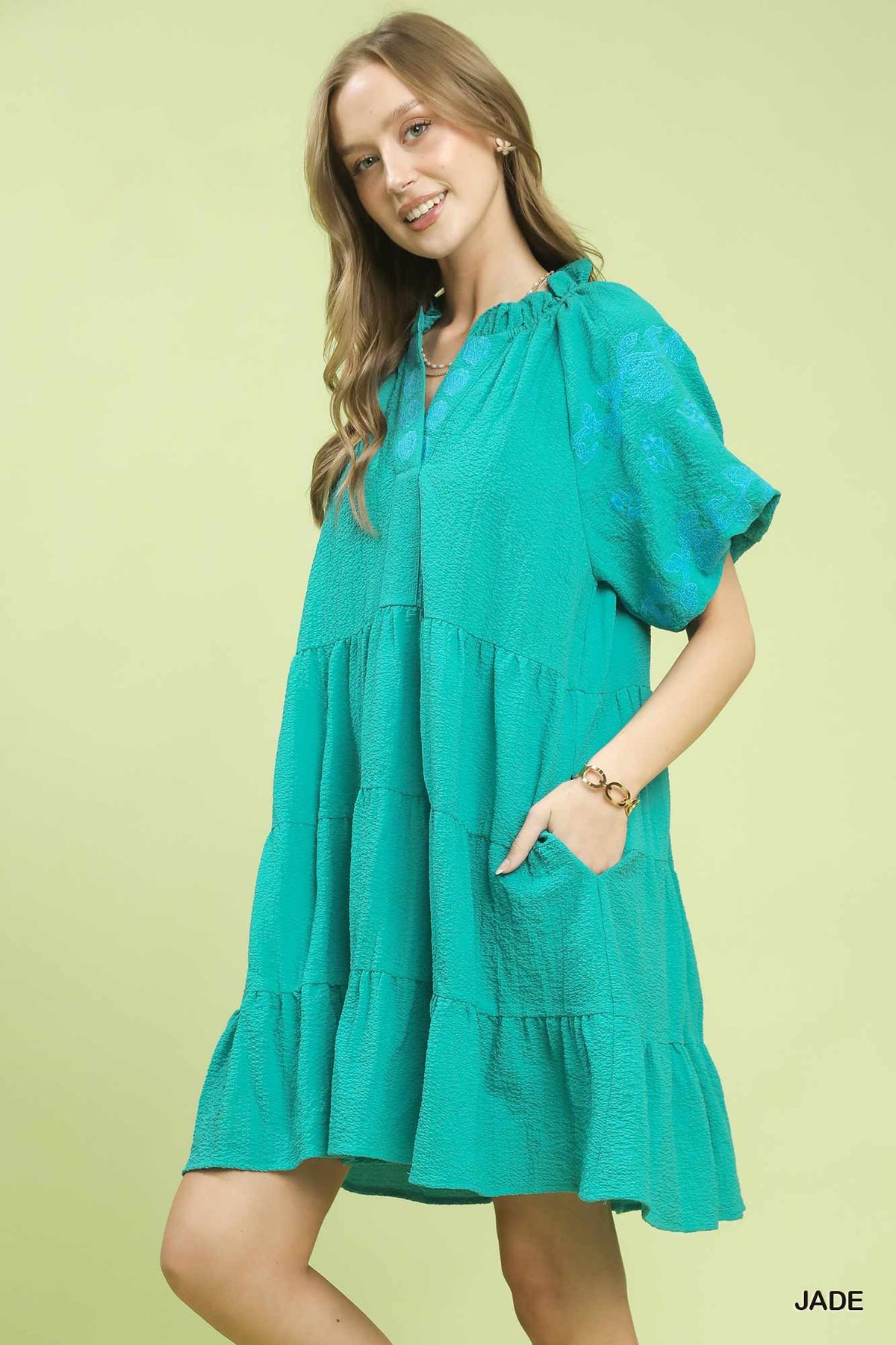 Umgee embroidered tiered puff sleeve mini dress with floral embroidery and flowy silhouette, perfect for casual or summer wear.