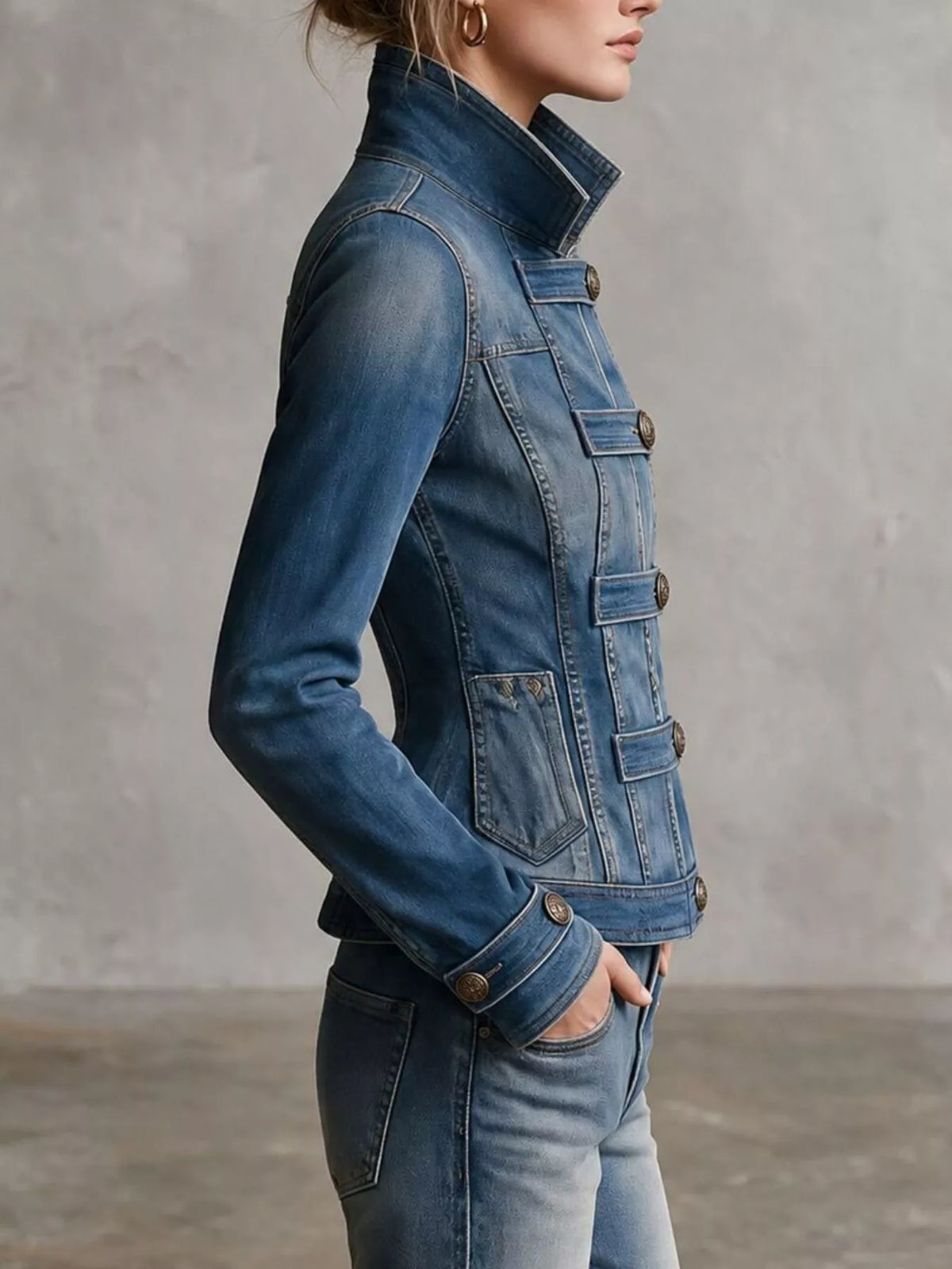 Dusty blue fitted button-up denim jacket, view 3