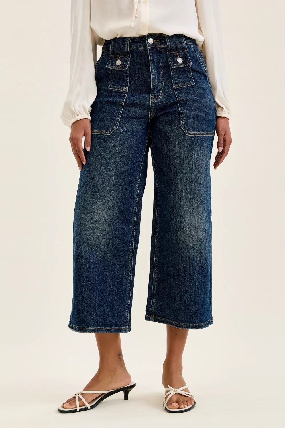 Trendsi Judy Blue high waist wide crop utility jeans with patch pockets, shown in a stylish denim look.
