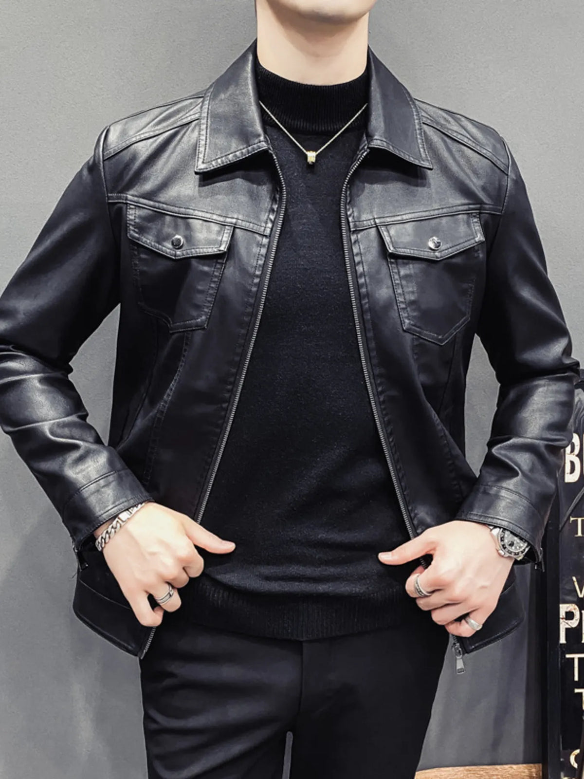 Men's black plus size classic fit faux leather jacket, view 4