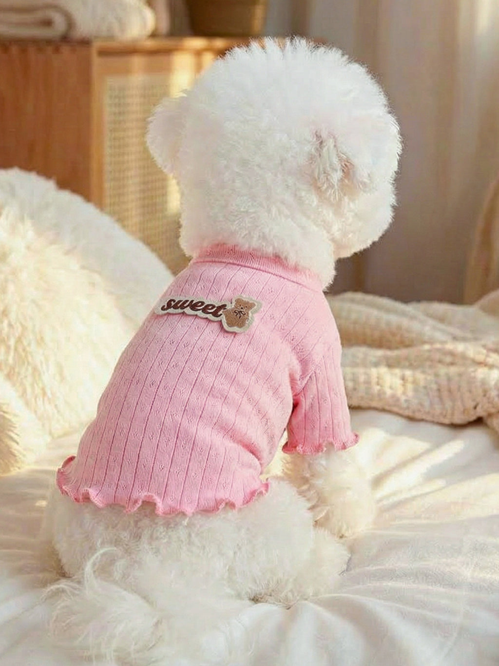 Sweet Bear Patch ribbed pet top in pink with bear applique, designed for small dogs, from Trendsi.